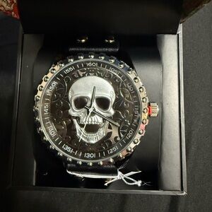 Ed Hardy Silver and Black Skull Watch